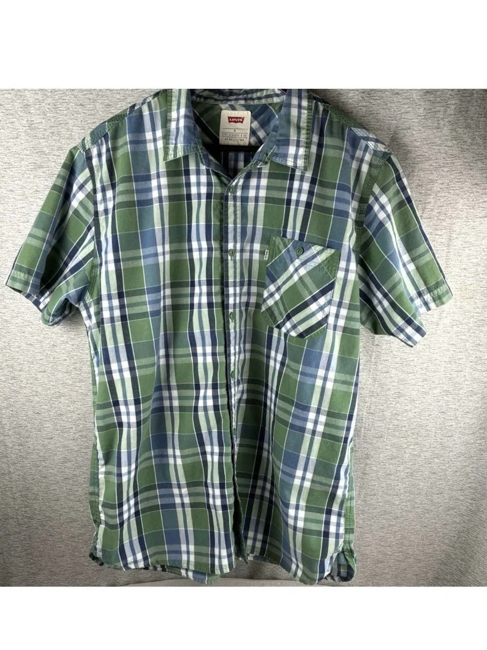 Levi's Mens Plaid Shirt XL Casual Short Sleeve Button Up Green Navy Blue White